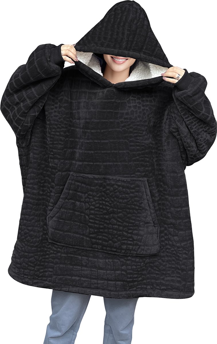 LINNICK Flanel Fleece Hoodie - Fleece Deken met Mouwen - Croco Zwart - Deken met Mouwen - Fleece Deken - Hoodie Heren - Hoodie Dames - Hoodies - Hoodie Deken