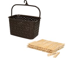 Wasknijpersmandje met ophanghaak - bruin - en 60x houten wasknijpers 7 cm - was ophangen