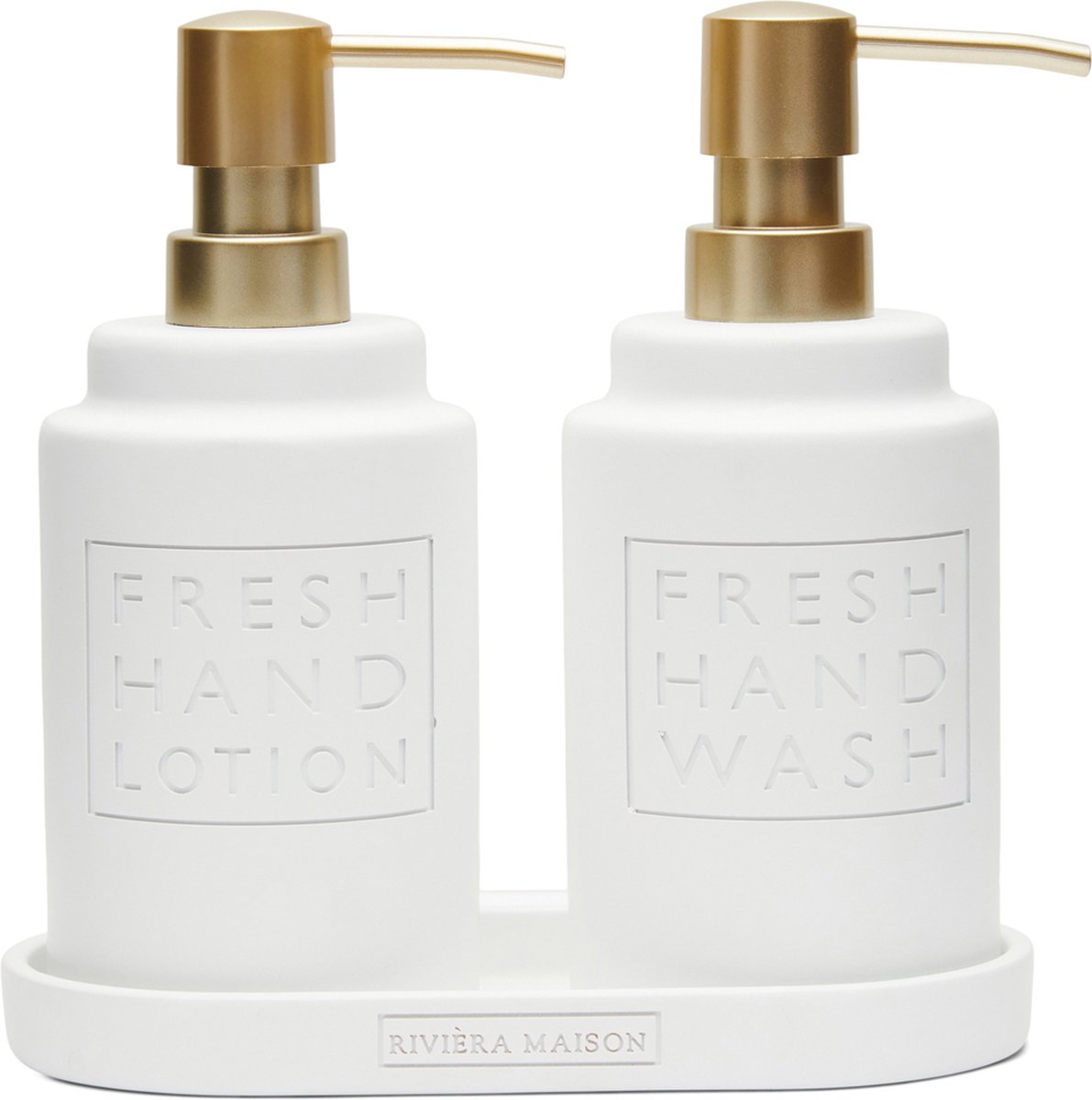 Riviera Maison Zeeppompje, handzeep & Dispenser Handlotion set Set - 380 ML, Zeeppompset voor Keuken, Badkamer, Toilet, Hervulbaar - Fresh Soap & Lotion Dispenser Set - Wit - Polyresin