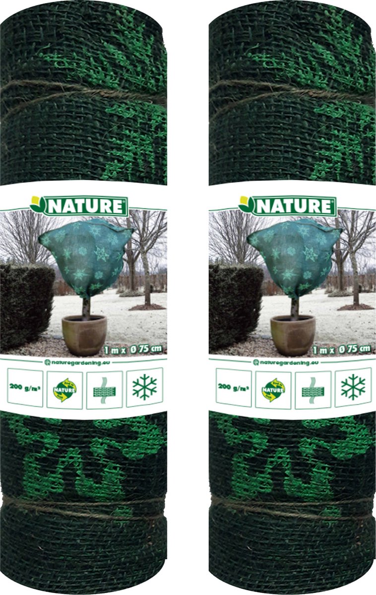 Nature plantenhoes jute - 2x - H100 x D75 cm - groen wintermotief - anti-vorst planten beschermhoes