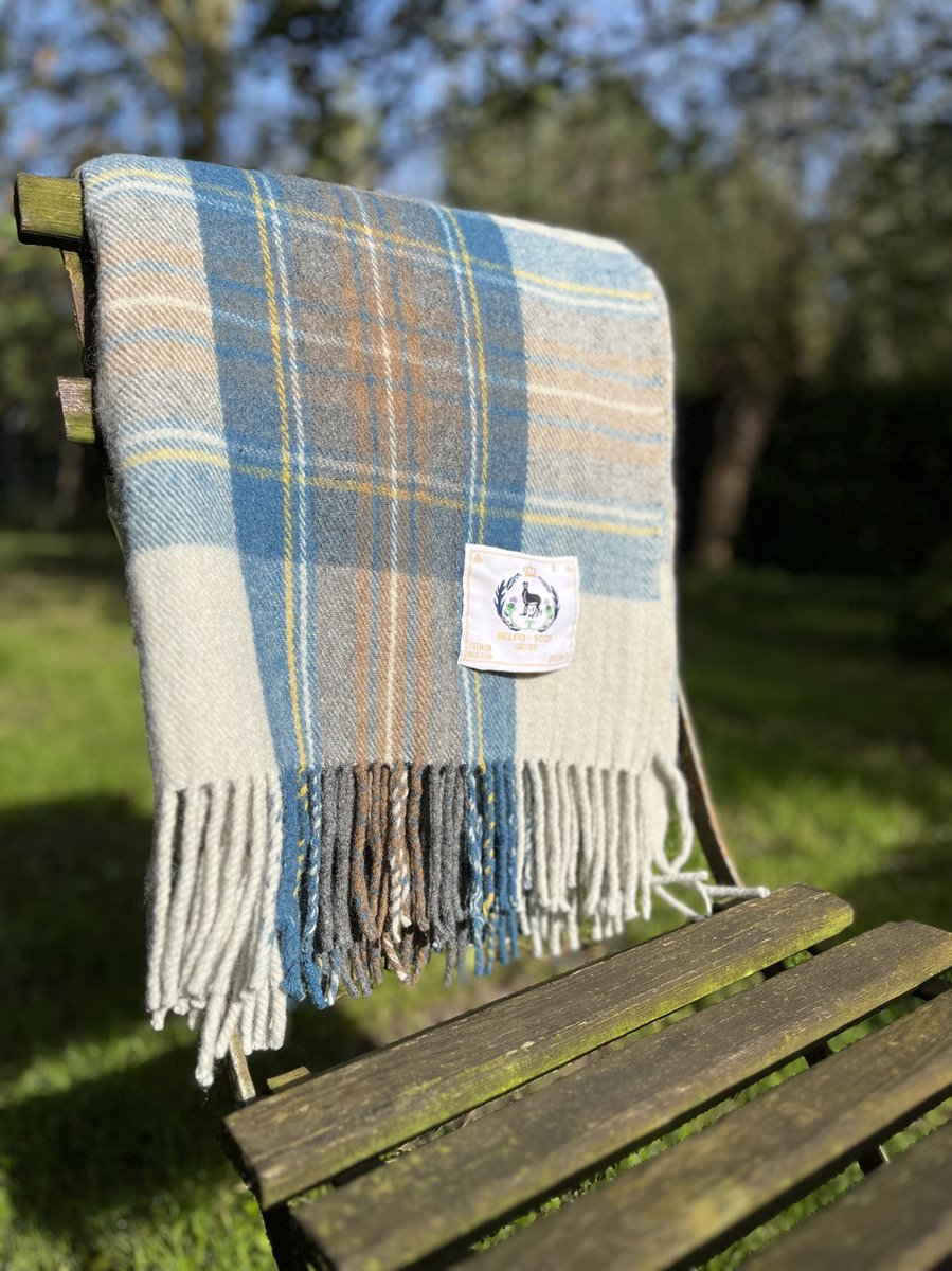 R&D Leder Wollen plaid Stewart Muted Blue 100% WOL- Tartan Print - stijlvol - dik - warm - deken Stewart muted Blue (Bestseller)