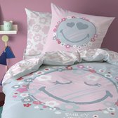Smiley Beddengoed voor meisjes · Happy Flower · bloemen en sterren in roze, grijs · kussensloop 80 x 80 cm + dekbedovertrek 135 x 200 cm - tienerbeddengoed