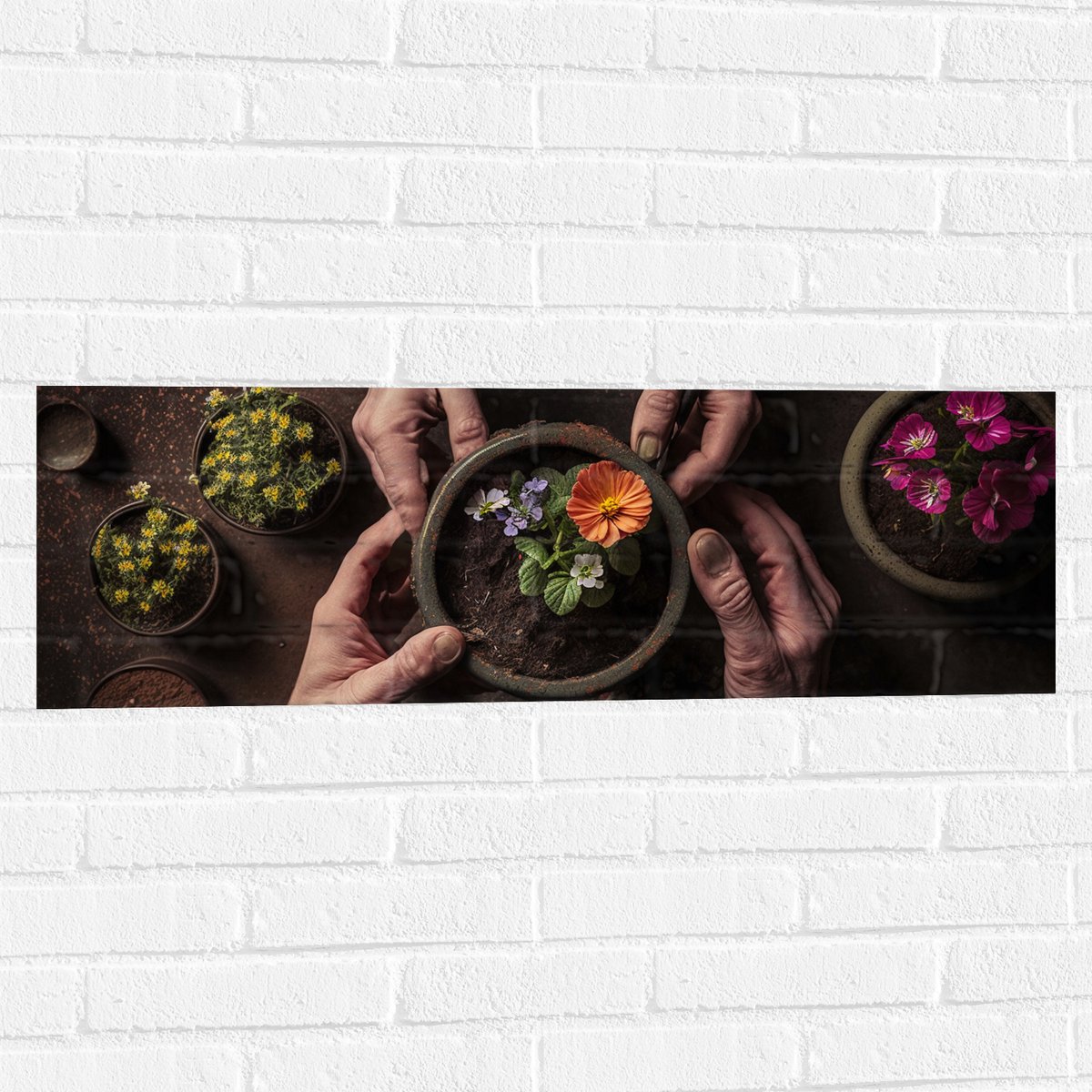 Muursticker - Bloemen - Bloempot - Potgrond - Handen - 90x30 cm Foto op Muursticker