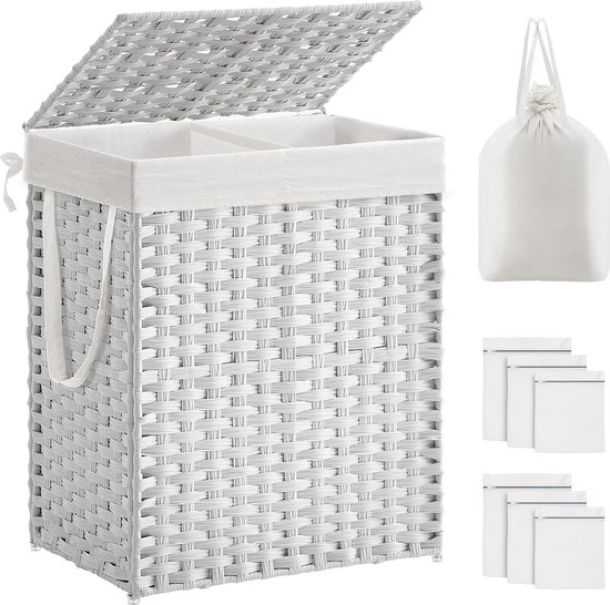 FIVMEN Opvouwbare Wasmand Met Deksel 104 Liter - 2 Vakken, Beige - Wasbox Met Mesh Zakken & Draaghandvatten