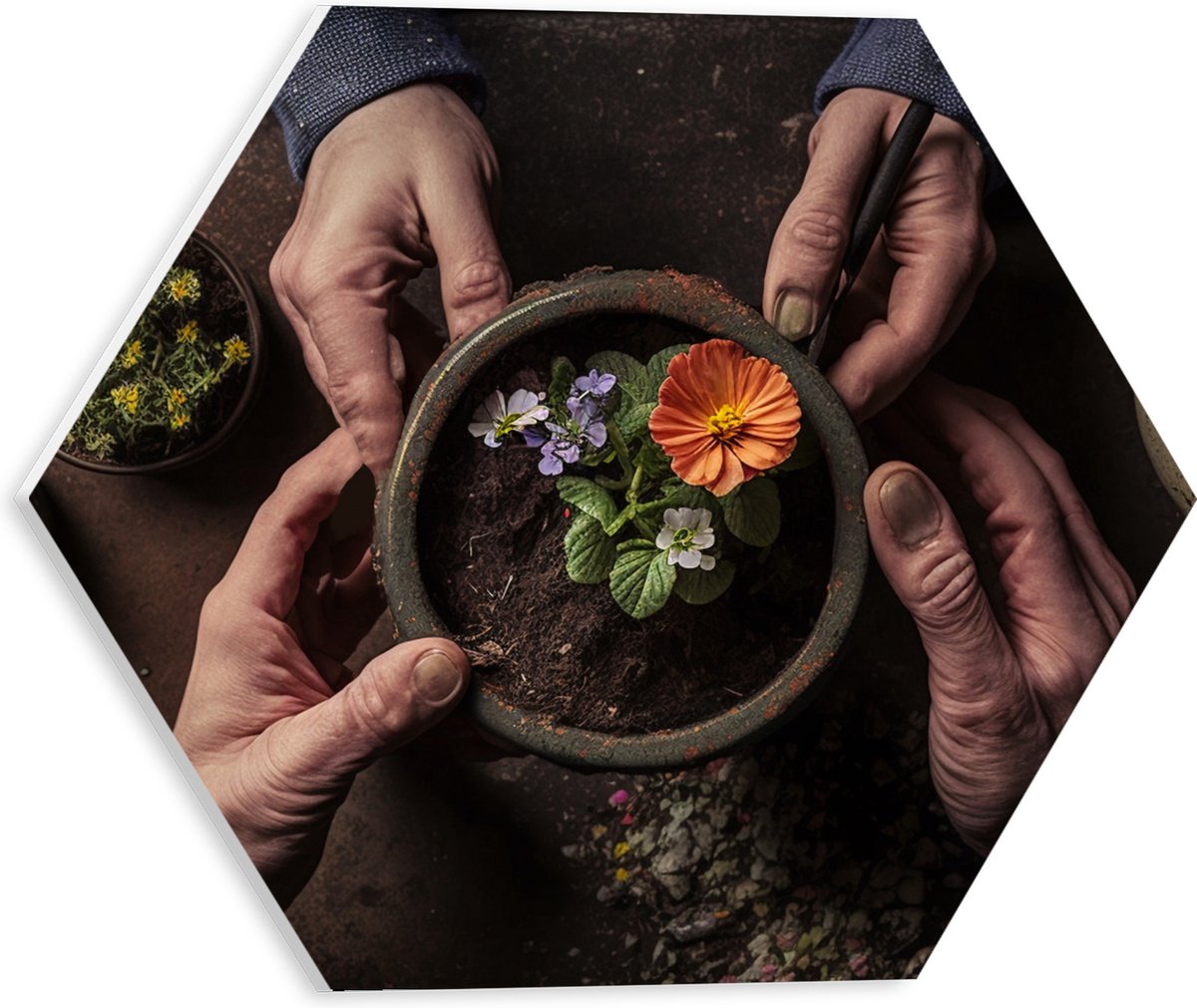 PVC Schuimplaat Hexagon - Bloemen - Bloempot - Potgrond - Handen - 30x26.1 cm Foto op Hexagon (Met Ophangsysteem)