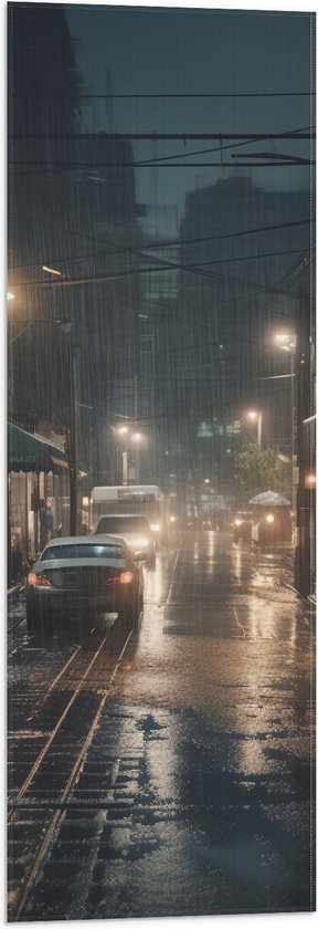 Vlag - Avond - Regen - Auto - Lichten - 30x90 cm Foto op Polyester Vlag