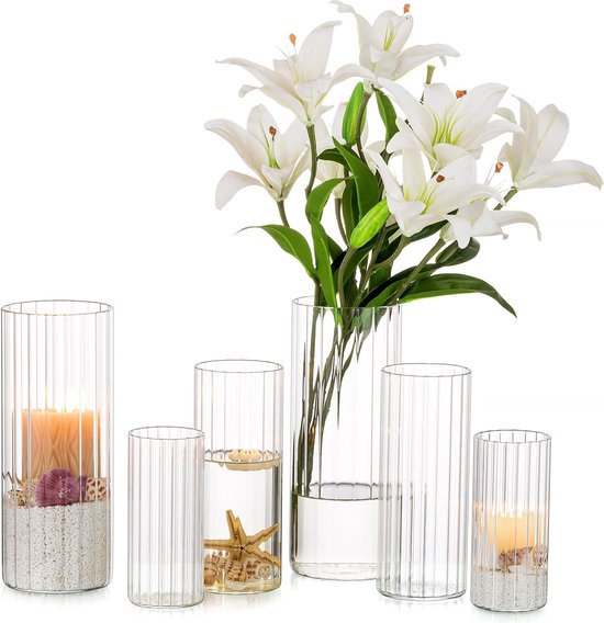 Glazen vaas voor bloemen cilinder: 6 stuks heldere bloemenvazen ​​voor bruiloft centerpieces orkaan kaarshouder voor zuil drijvende kaarsen kersttafel woonkamer decor (15cm/20cm/25cm hoog)