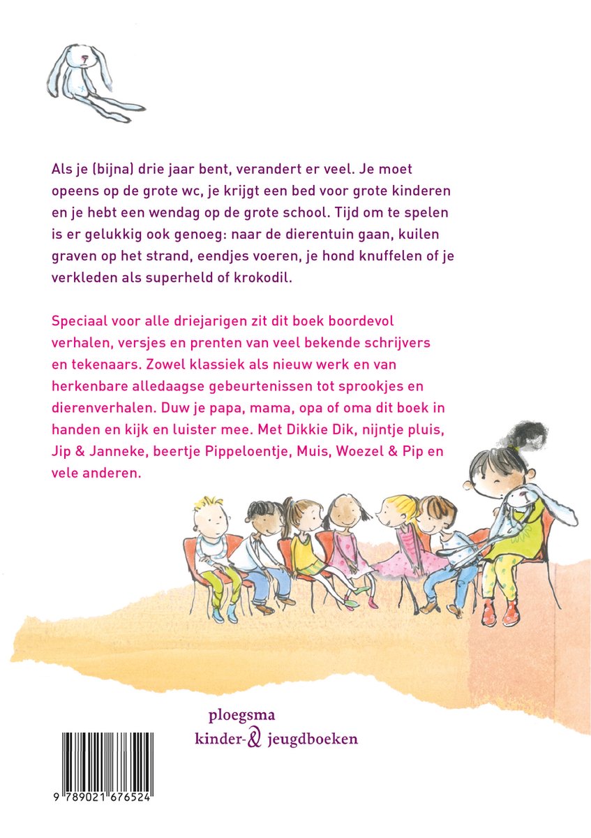 Een konijn met een strik, en een groep kinderen zittend, kijkend naar een verteller. "ploegsma kinder- & jeugdboeken".