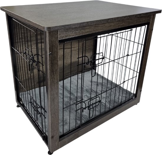 Vintage Hondenbench Furniture XL - 98 x 65 x 68 cm - Hout - Donkergrijs - Houten Cover - Met Benchmat - Bench voor Hond & Puppy