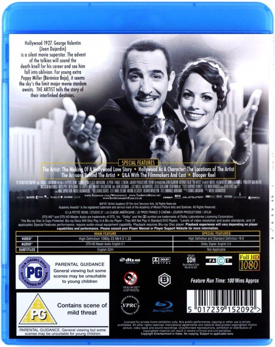 Achterkant Blu-ray hoes van 'The Artist' met de hoofdrolspelers en een hond.