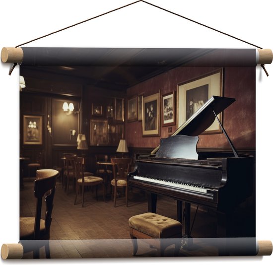 Textielposter - Cafe - Tafels - Stoelen - Hout - Piano - Muziek - 40x30 cm Foto op Textiel