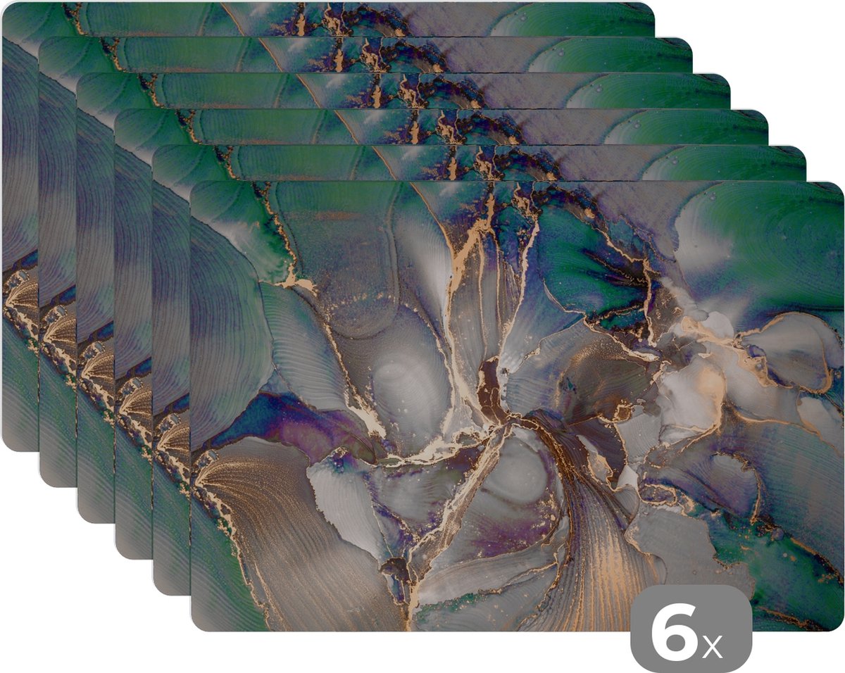 Placemats - Marmer - Blauw - Goud - Luxe - Onderleggers placemat - 45x30 cm - 6 stuks