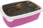 Broodtrommel Roze - Lunchbox Marmer - Kalk - Zwart - Goud - Marmerlook - Luxe - Brooddoos 18x12x6 cm - Brood lunch box - Broodtrommels voor kinderen en volwassenen