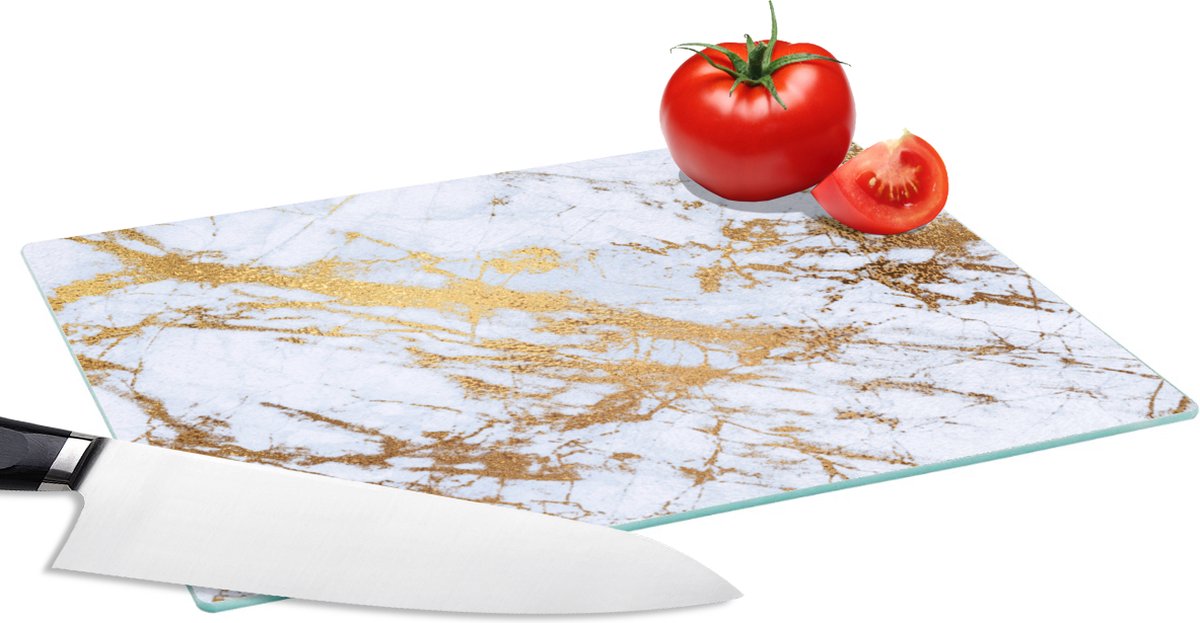 Glazen Snijplank - 28x20 - Marmer print - Goud - Wit - Luxe - Marmerlook - Glitter - Snijplanken Glas