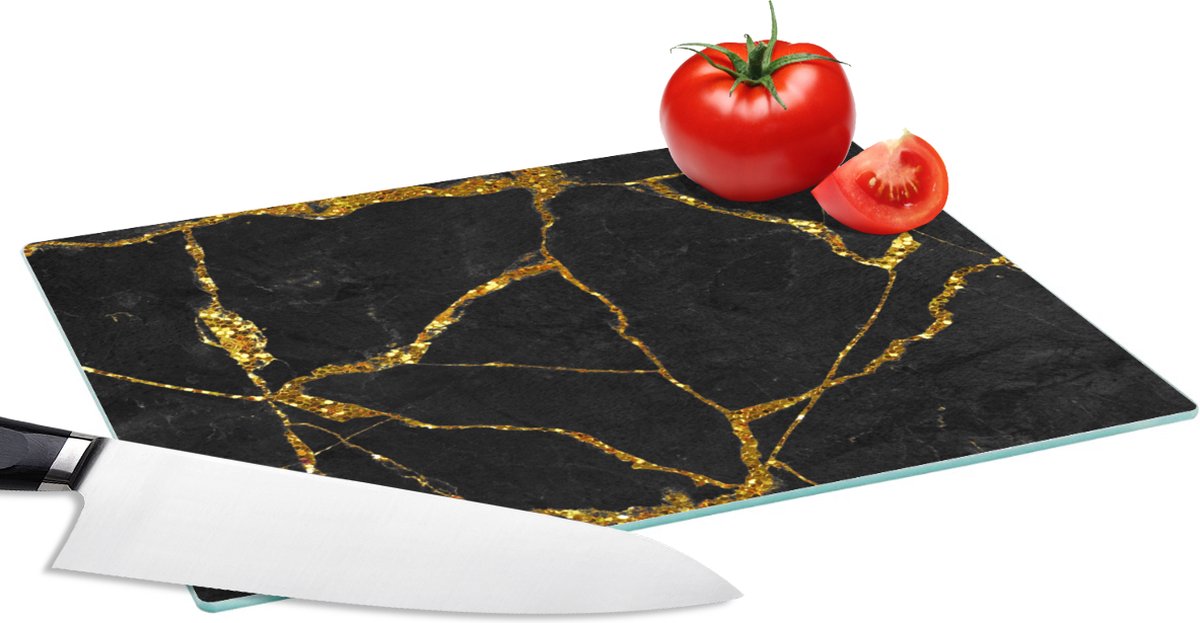 Glazen Snijplank - 28x20 - Marmer print - Goud - Zwart - Marmerlook - Glitter - Snijplanken Glas