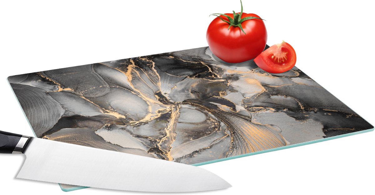 Glazen Snijplank - 28x20 - Grijs - Luxe - Goud - Marmer - Snijplanken Glas