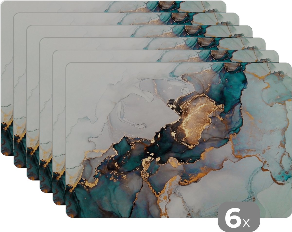 Placemats - Marmer - Blauw - Goud - Onderleggers placemat - 45x30 cm - 6 stuks