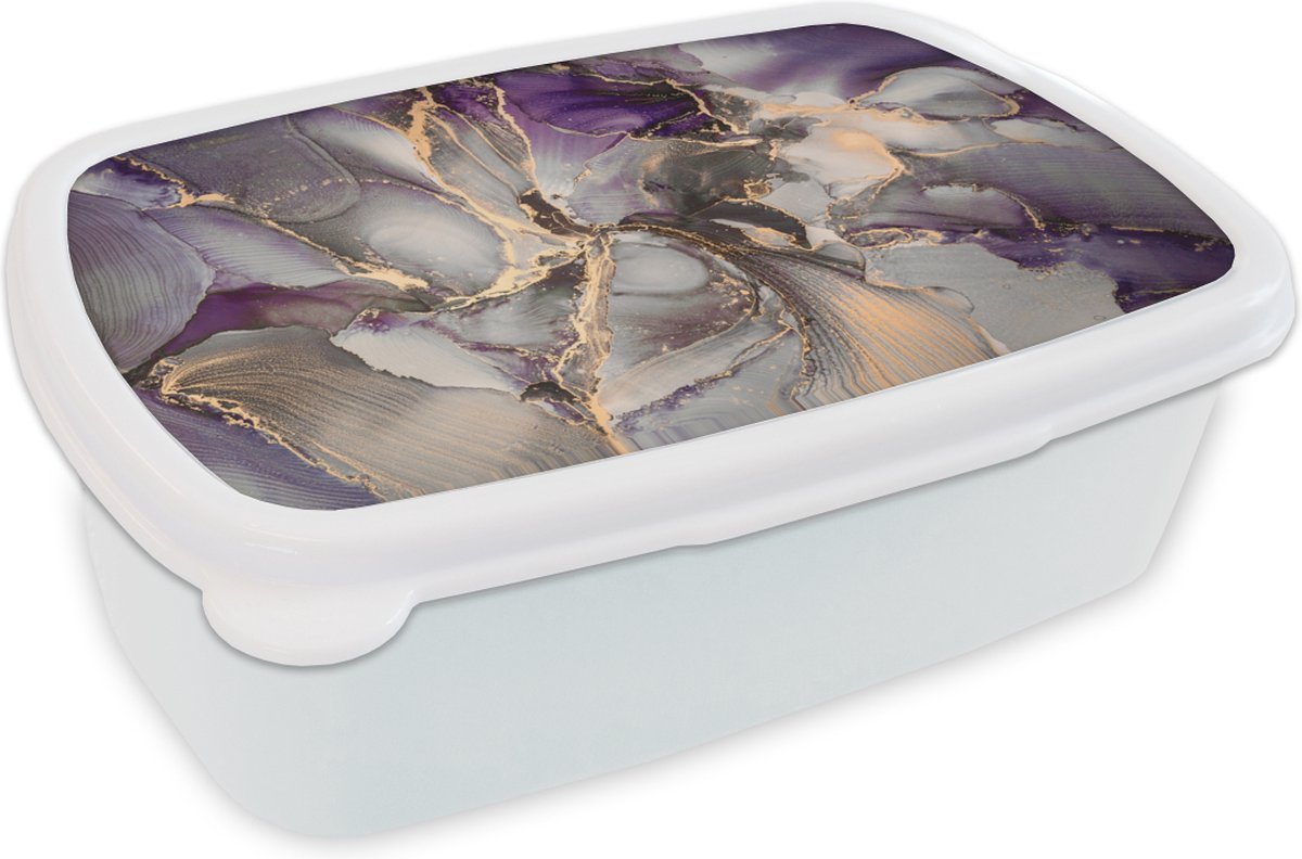 Broodtrommel Wit - Lunchbox - Brooddoos - Goud - Paars - Marmer - 18x12x6 cm - Volwassenen
