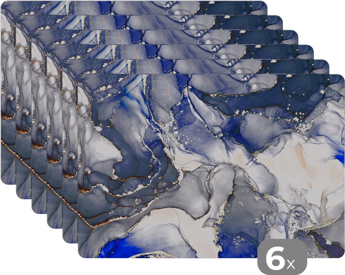 Placemats - Marmer - Goud - Blauw - Onderleggers placemat - 45x30 cm - 6 stuks