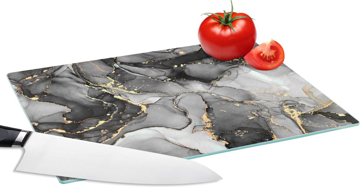 Glazen Snijplank - 28x20 - Marmer - Zwart - Goud - Grijs - Snijplanken Glas