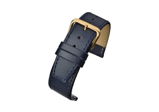 horlogeband-20mm-echt leer-blauw-zacht-glad -plat-gestikt-goudkleurige gesp-20 mm