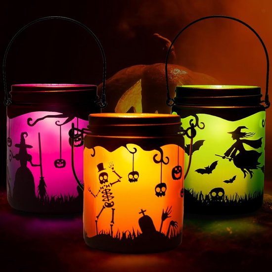 Foto: Halloween kaarshouder decoraties glazen votief kaarshouder met zilveren ring theelichtglazen rond lantaarn voor cadeau hangende theelichtjeshouder voor halloween party home decor oranje paars groen