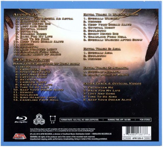 Achterkant van de Blu-ray hoes met titels van audio-cd, dvd-content en extra nummers.