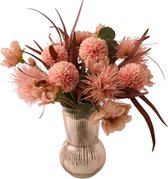 WinQ -Boeket zijden bloemen compleet gebonden geleverd- kunstbloemen in een mooie diverse kleuren rood/ roze styling - Boeket compleet met glasvaas.