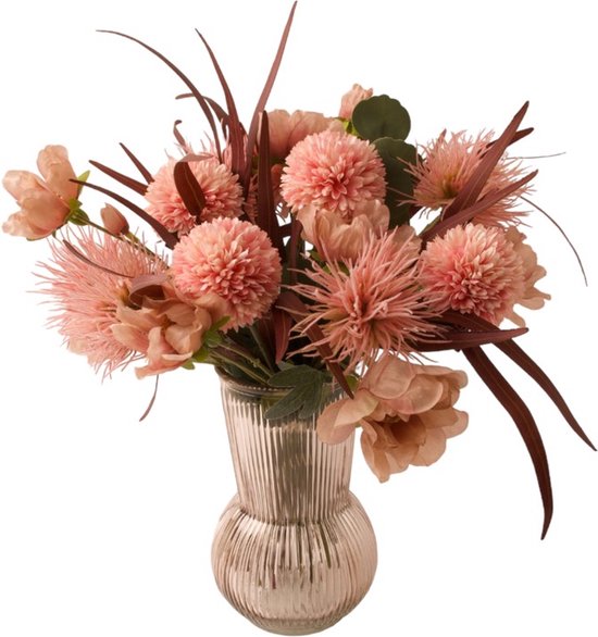 WinQ -Bouquet de fleurs en soie livré entièrement lié - fleurs artificielles dans un beau style rouge/rose de différentes couleurs -Bouquet complet avec vase en verre.