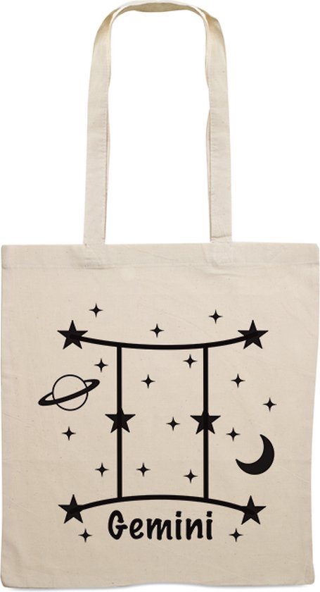 Crèmekleurige stoffen tas met zwarte opdruk van het sterrenbeeld Gemini, met een halve maan, planeet en sterren.