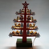 Handgemaakte Houten Kerstboom met Rood Kerstman en Rendieren - Ledverlichting
