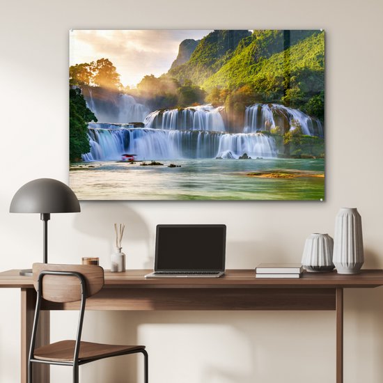 Tableau sur verre - Décoration murale - Cascade - Soleil - Nature - Arbres - Verre acrylique - Photo sur verre - Tableau nature - 120x80 cm - Décoration murale