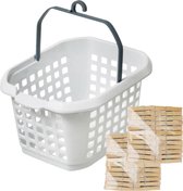 Wasknijpers ophang mandje/bakje - wit - met 96x bamboe knijpers