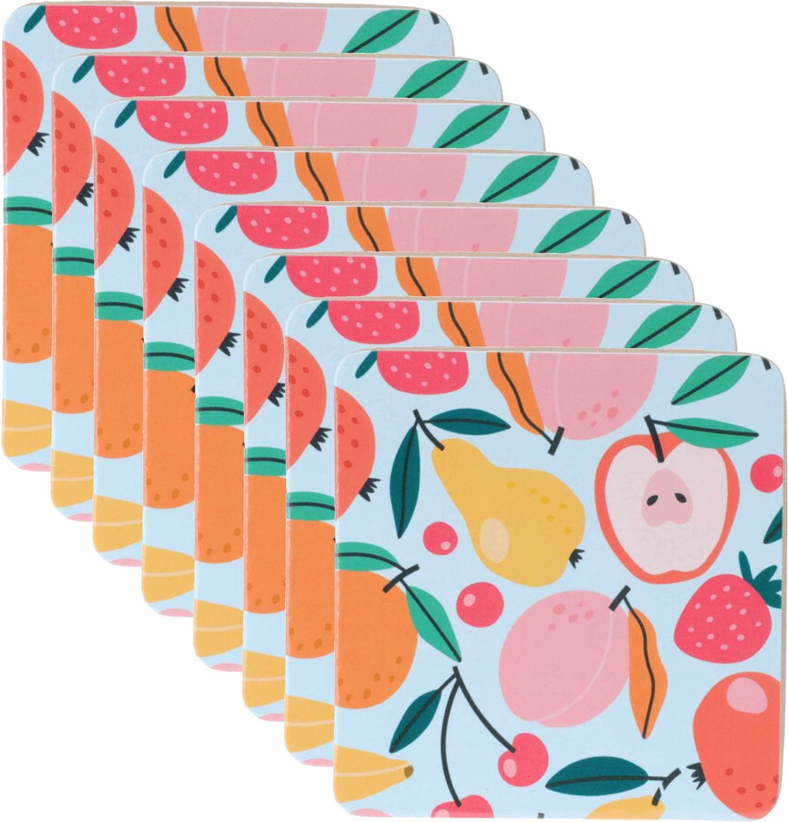 Onderzetters voor glazen - 18x - tropical fruit - blauw - hout - 10 x 10 cm