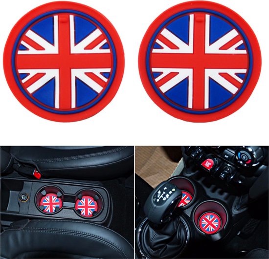 Set van 2 Bekerhouder Inleggers - Engelse Vlag - Blauw, wit & rood - Geschikt voor Mini Cooper / Cooper S / Clubman / Countryman - Rubberen Bekerhouders Onderzetters - Siliconen - Mini Auto Accessoires