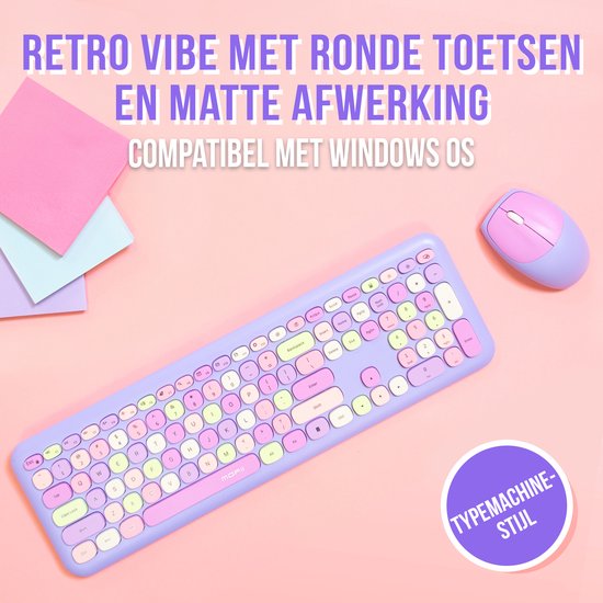 Toetsenbord en Muis Set QWERTY Retro - Draadloos - USB- C-- Stil Toetsenbord - Retro Paars - Gaming Toetsenbord - Silvergear