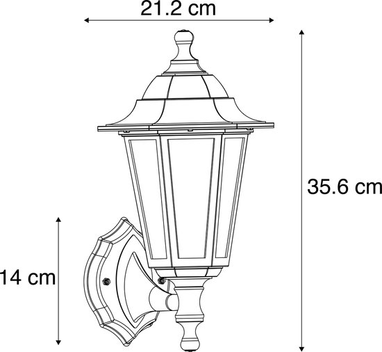 Technische tekening van een klassieke zwarte wandlamp met afmetingen 35.6 cm hoogte en 21.2 cm breedte.