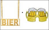 Bier ketting goud + Bril Bierglazen - Bier set - bier feest apres ski carnaval Oktoberfest ketting festival gele rakker