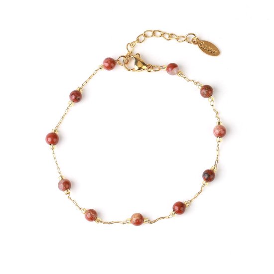 Kasey - Rode Jaspis Armband - 19 cm + 2 cm verstelbaar - Goudkleurig - Edelsteen Armband - Natuursteen Kralen Armband - Armband Dames