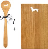 Teckel - snijplank - borrelplank - broodsnijplank - serveerbord - kooklepel - pollepel - hout - hond - eiken hout - kortharig - gladharig - gladharige teckel - silhouet teckel