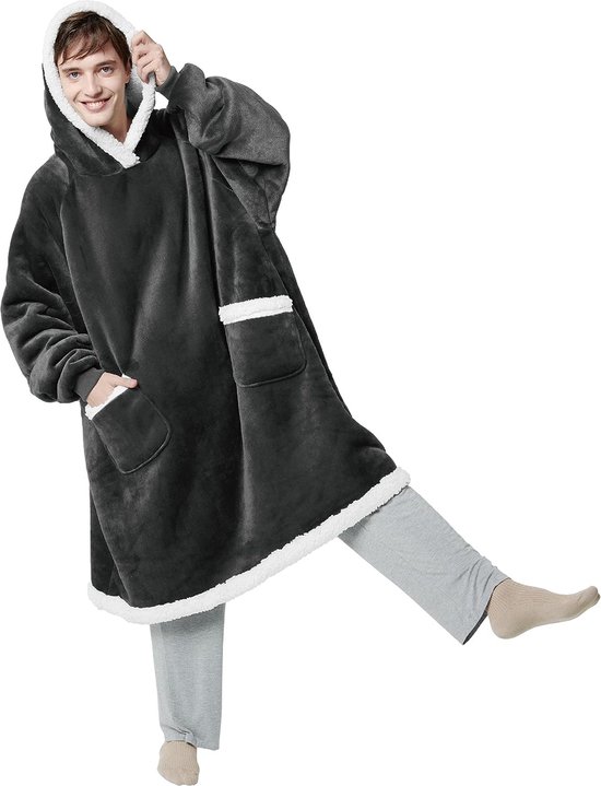 Hoodie deken oversized pullover dames - knuffeldeken met mouwen sherpa, deken met mouwen en capuchon zwart, knuffeltrui dames, hoodie dames oversized XXL 110 x 90 cm