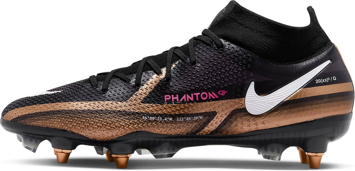 Nike Phantom GT2 Elite DF SG-PRO AC voetbalschoenen in maat 44.5, zwart met gouden en roze accenten, ontworpen voor optima...
