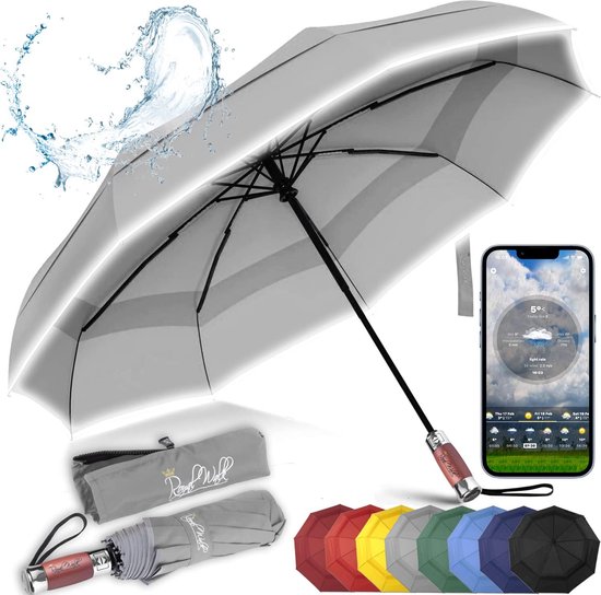 Paraplu zakparaplu, stormbestendig, automatisch op en neer te zetten, winddicht, dubbele afdekking, klein, stabiel, reflecterend, met luxe echt houten handvat, voor dames en heren, paraplu