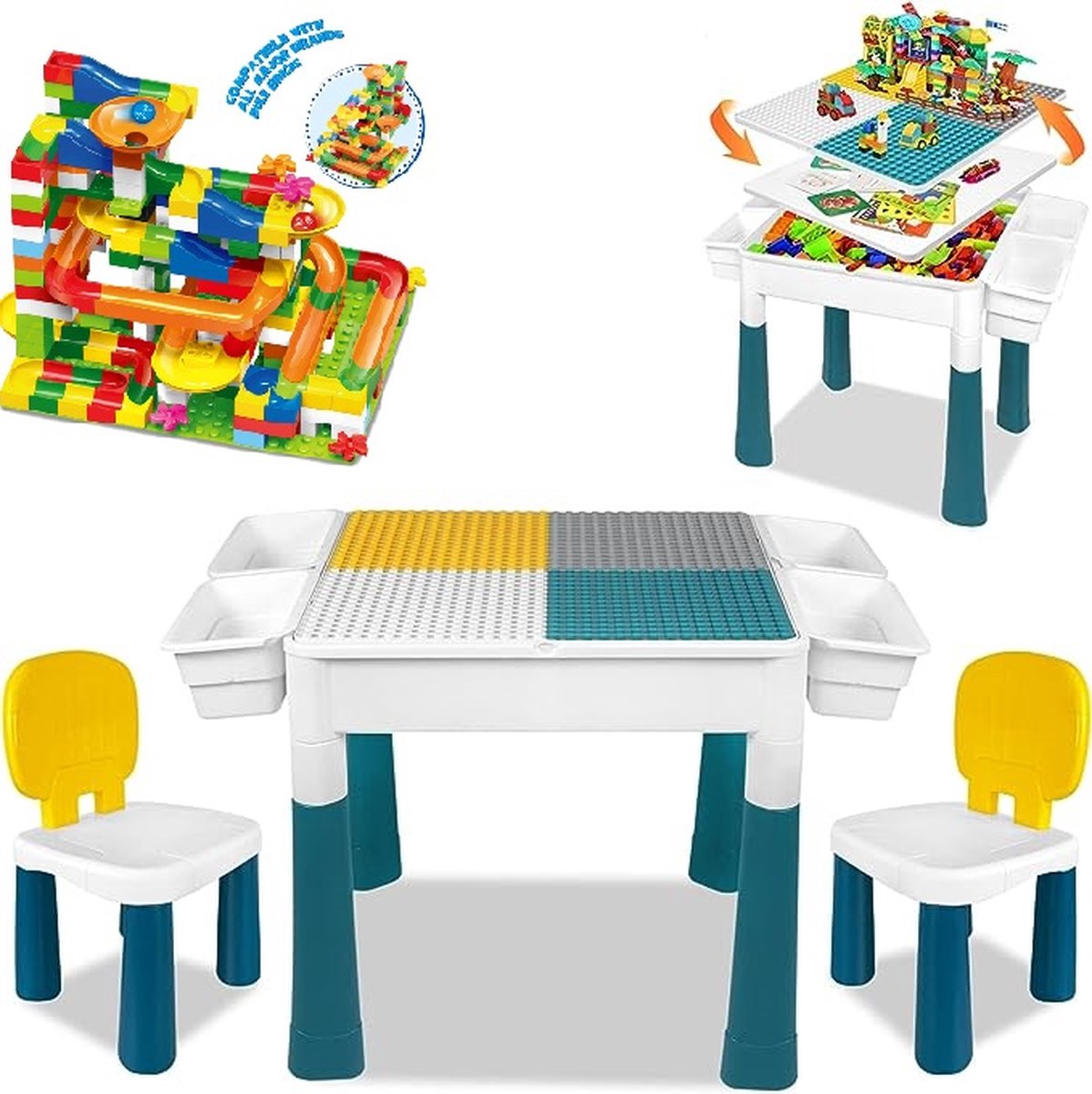 【Profi Promo】Bouwtafelset inc. 248 bouwblokken voor LEGO & DUPLO - Multifunctioneel Kinderbouwtafel met 2 stoelen + 4 Opbergbakken - Constructietafel, Kinderwerktafel, Speeltafel, Zandbak, Watertafel - Kindertafel en stoelen - Aquamarijnkleur
