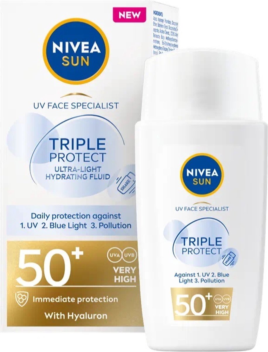 NIVEA SUN UV Face Specialist Triple Protect Fluid - Zonnebrand - SPF 50+ - Drievoudige bescherming - Met zoethoutextract en hyaluronzuur - 40 ml - NIVEA