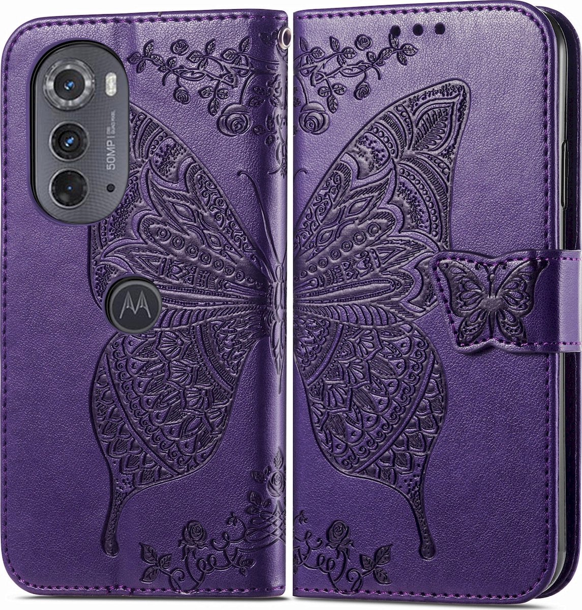 Mobigear Telefoonhoesje geschikt voor Motorola Edge (2022) Hoesje | Mobigear Butterfly Bookcase Portemonnee | Pasjeshouder voor 3 Pasjes | Telefoonhoesje voor Pinpas / OV Kaart / Rijbewijs - Paars