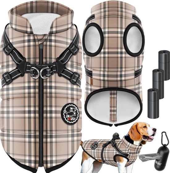 LOVPET® Hundejacke Hundemantel mit Geschirr, inkl. 45 Stück Kotbeutel Spender, Hunde Winterweste gefüttert wasserdicht, Gepolsterte Weste Mit Brustgurt, Reflektoren, D-Ring | - einfach besser einkaufen