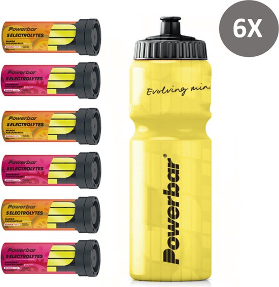 PowerBar Sportdrank Electrolyte Tabs - Mango Passionfruit (3x) & Raspberry (3x) - Met 5 Elektrolyten - Zonder cafeïne - 6 x 10 tabletten (inclusief GRATIS PowerBar bidon)