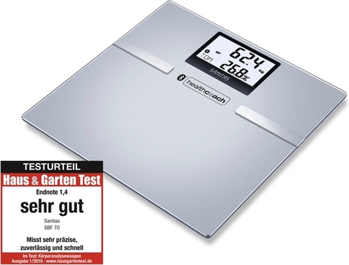 Sanitas SBF 70 Bluetooth® Personenweegschaal - Lichaamsanalyse - Gratis HealthCoach app - 8 Gebruikersgeheugen met herkenning - Tot 180 kg - Quick start - Automatische uitschakeling - Incl. batterijen - 3 Jaar garantie