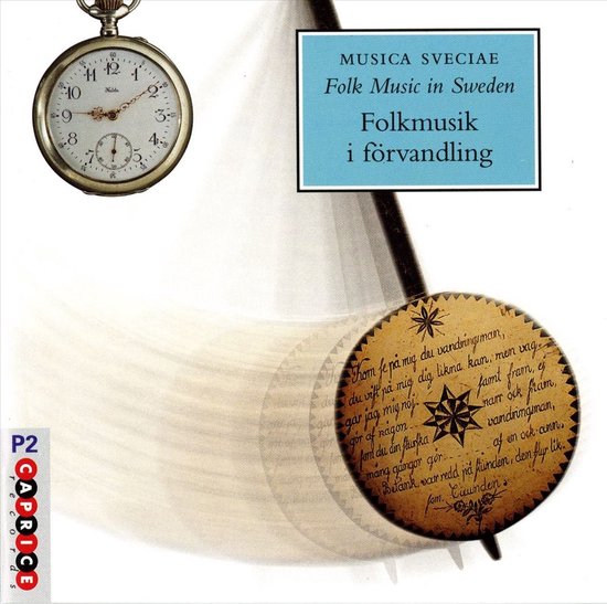 Een zakhorloge en een ronde, bewerkte schijf met tekst zweven voor de titel 'Musica Sveciae Folk Music in Sweden Folkmusik i förvandling'.